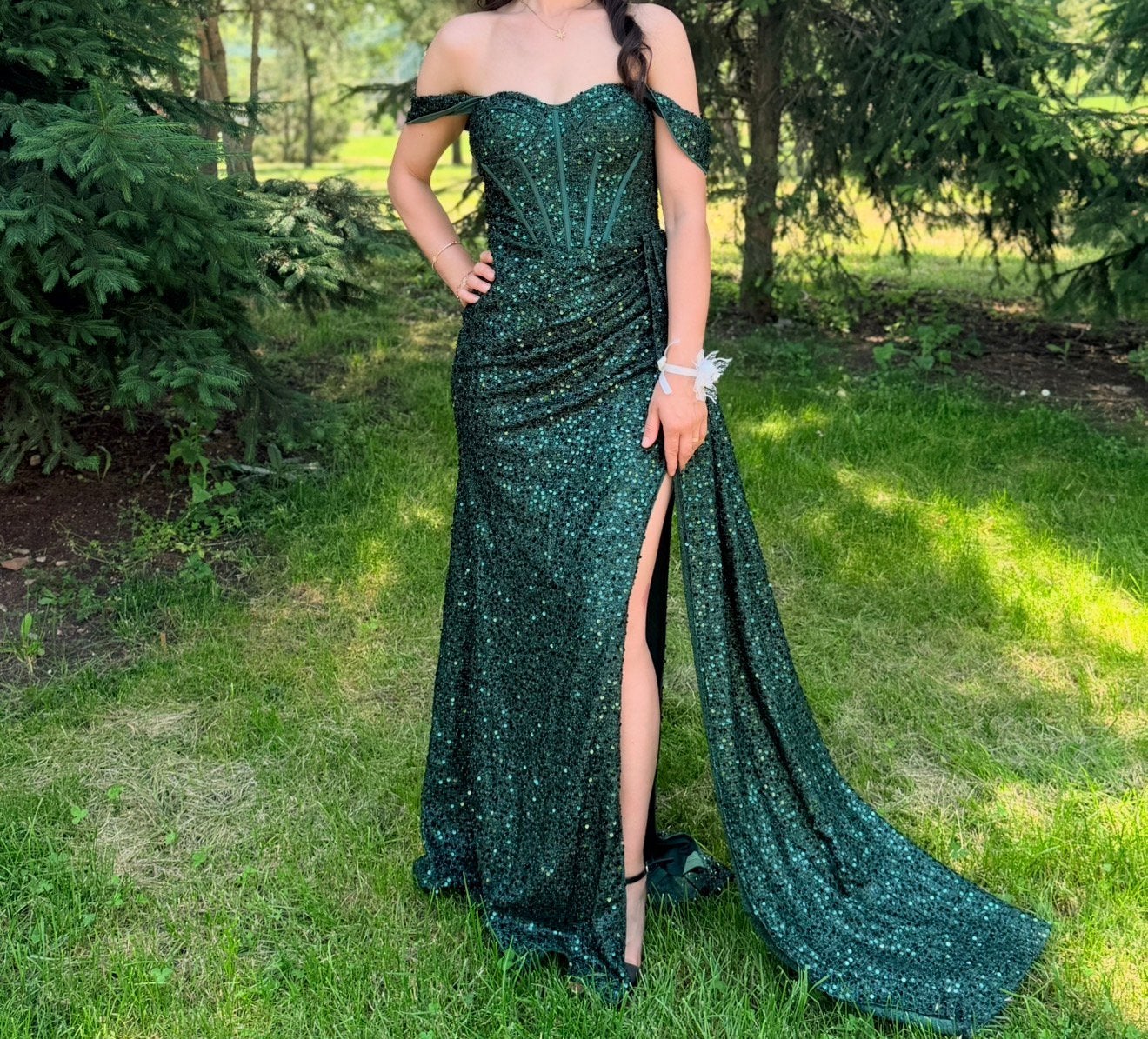 Luxueuse robe de bal à paillettes vert foncé, Enlèvement ou Envoi, Comme neuf, Taille 34 (XS) ou plus petite, Robe de gala