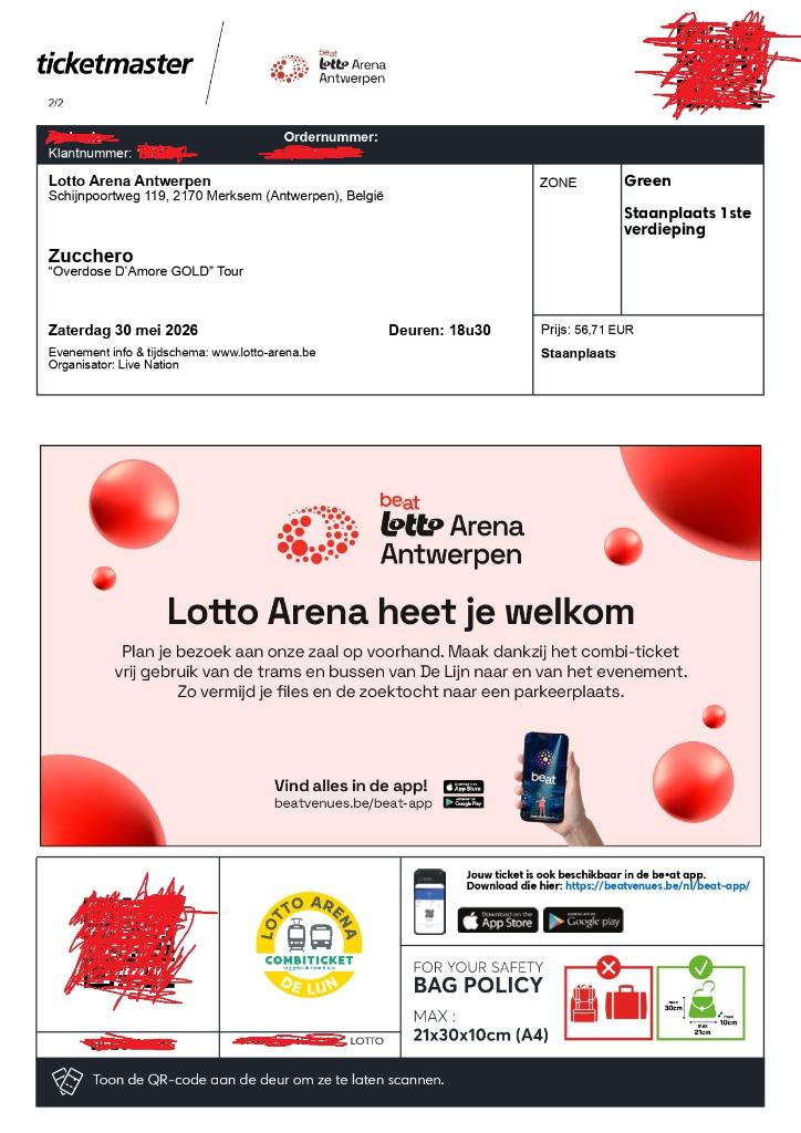 Ticket Zucchero Lotto Antwerpen za 30 mei, Mai