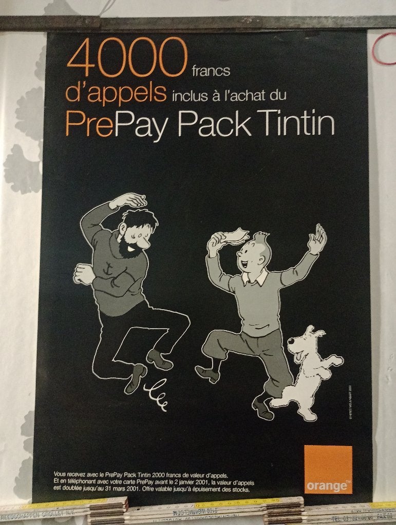 Affiche Pub Orange Tintin PrePay Pack 2000 (40x60 cm), Enlèvement ou Envoi