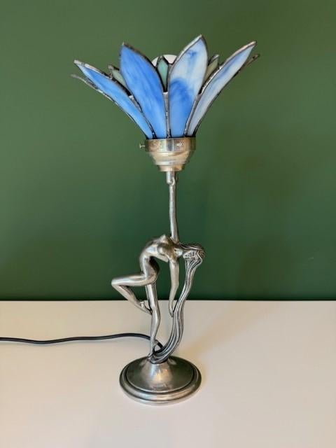 tafellamp Gilles Fusco - tin - glas in lood, Antiek en Kunst, Ophalen
