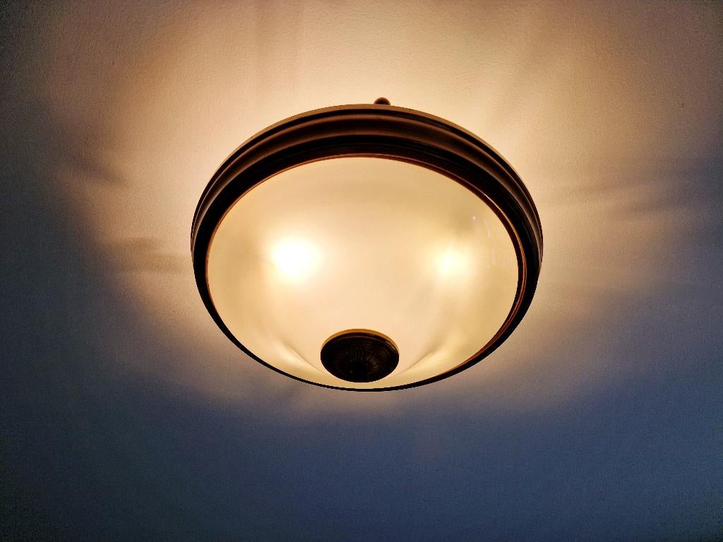 Plafonnier Mid-century en laiton et opaline blanche, 1950, Enlèvement ou Envoi