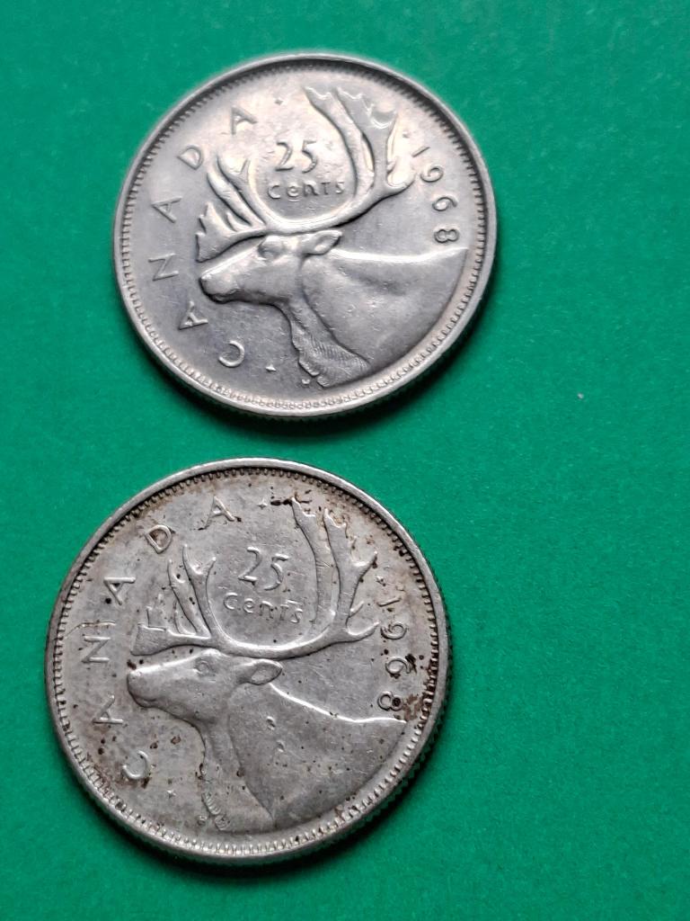 1968 Canada 2 x 25 cents in zilver en CuNi, Verzenden, Noord-Amerika, Setje, Zilver