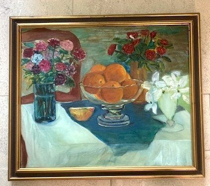 Fleurs et oranges dans une nature morte vers 1965, Antiquités & Art, Enlèvement ou Envoi, Peinture à l'huile, Toile, Nature morte