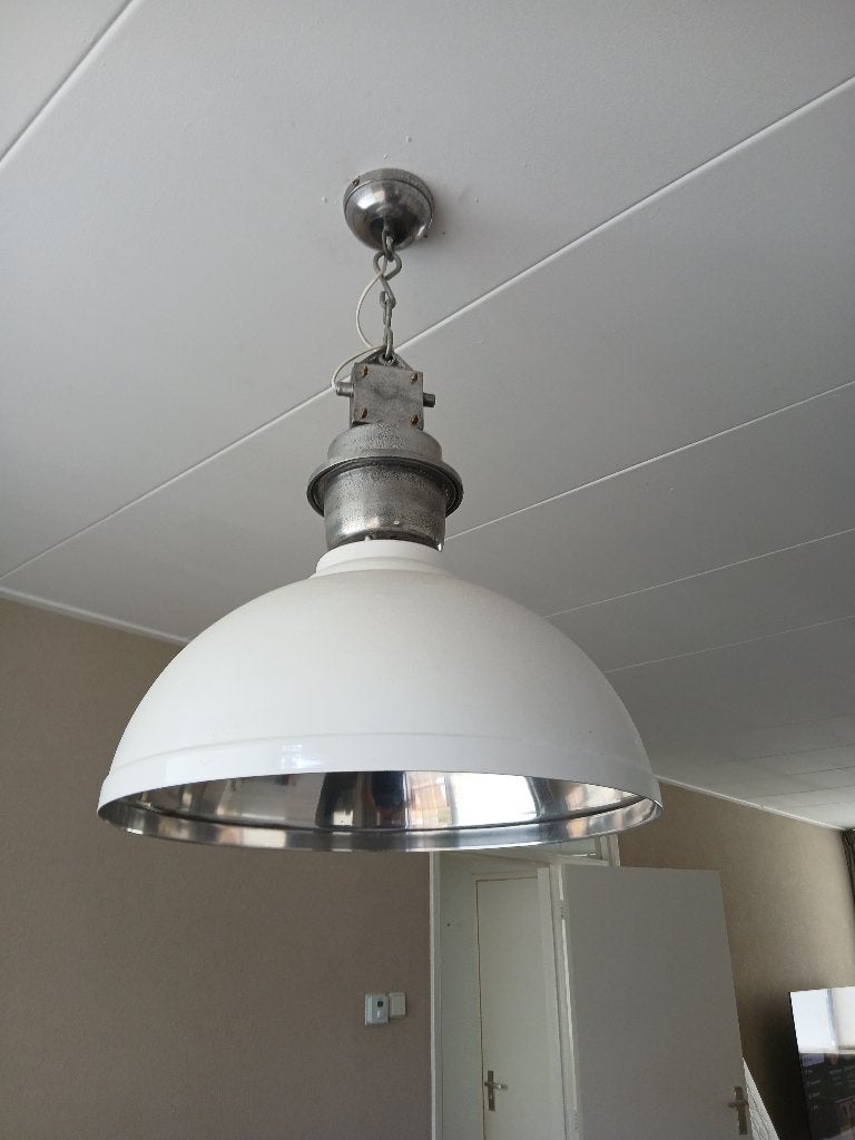 Industriële hanglamp wit metaal (52 cm) – Met extra ketting, Ophalen, Zo goed als nieuw, Metaal, E27 (groot)