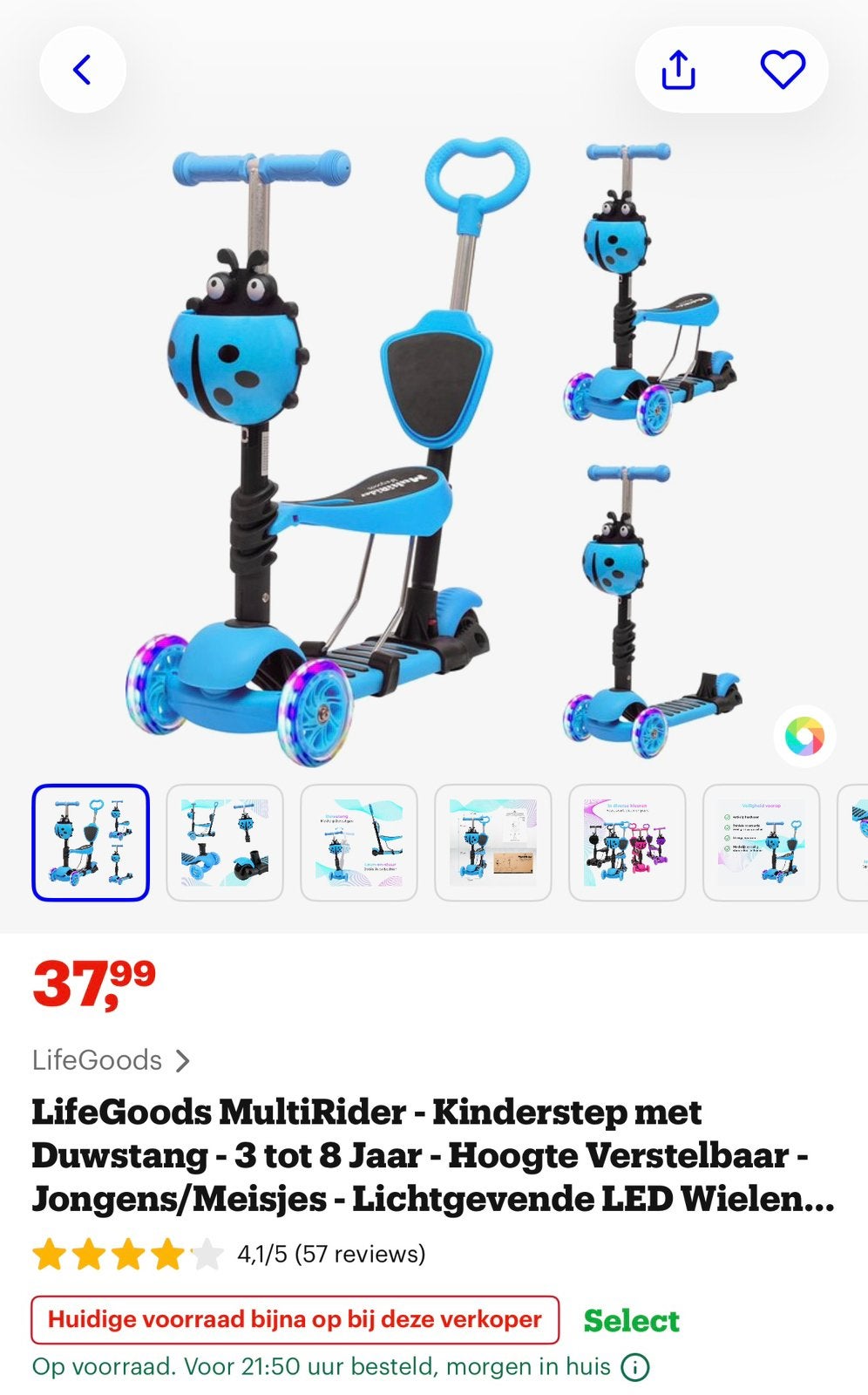 Scooter MultiRider verstelbaar, Fietsen en Brommers, Ophalen of Verzenden, Zo goed als nieuw, Duwstang