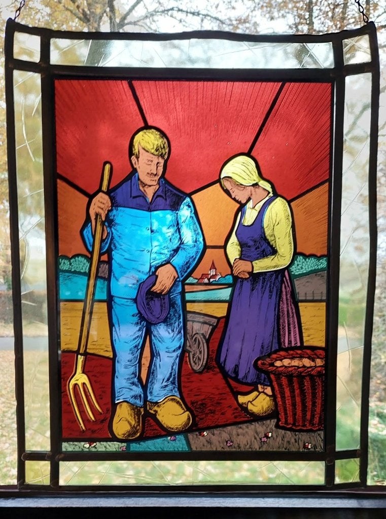 vitrail - couple de fermiers dans les champs, Enlèvement ou Envoi