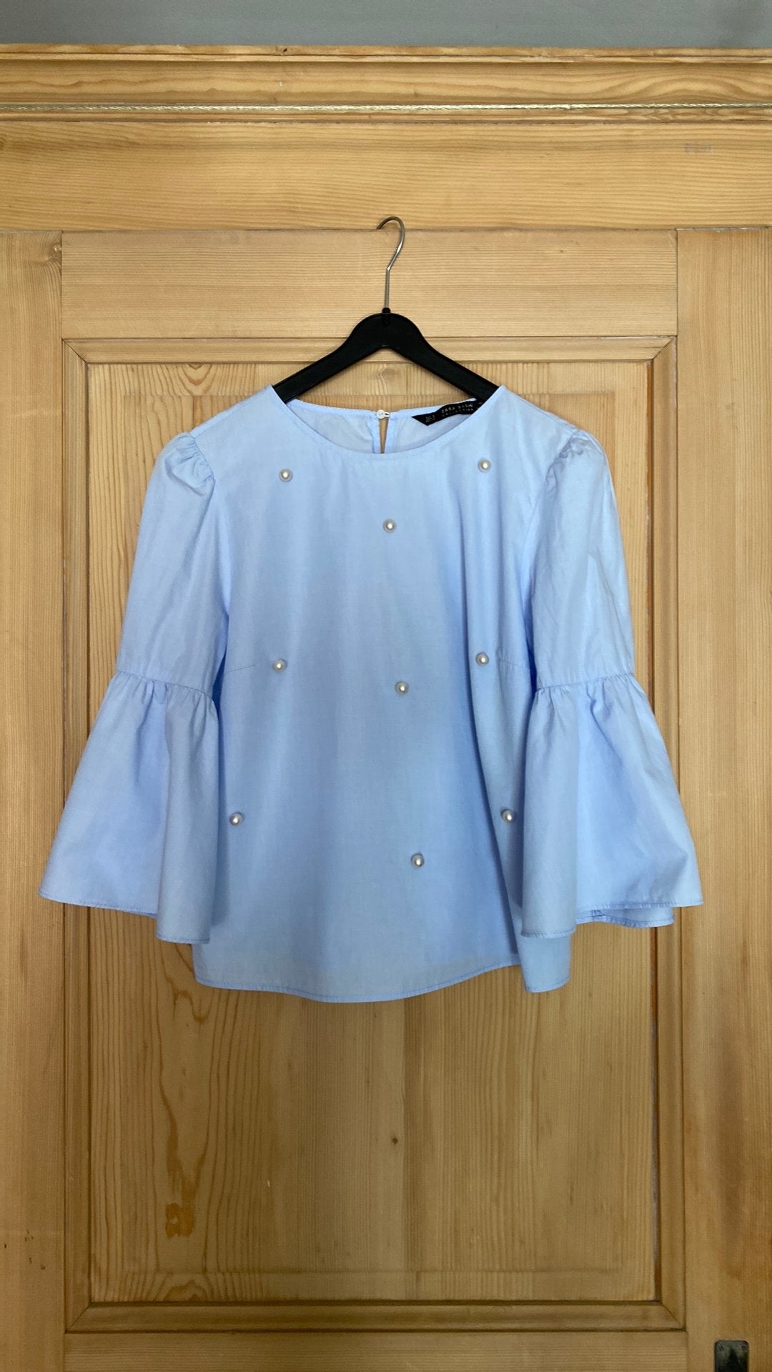 Zara basic S  blauw korte blouse met parels en wijde mouw, Ophalen of Verzenden, Zo goed als nieuw, Blauw