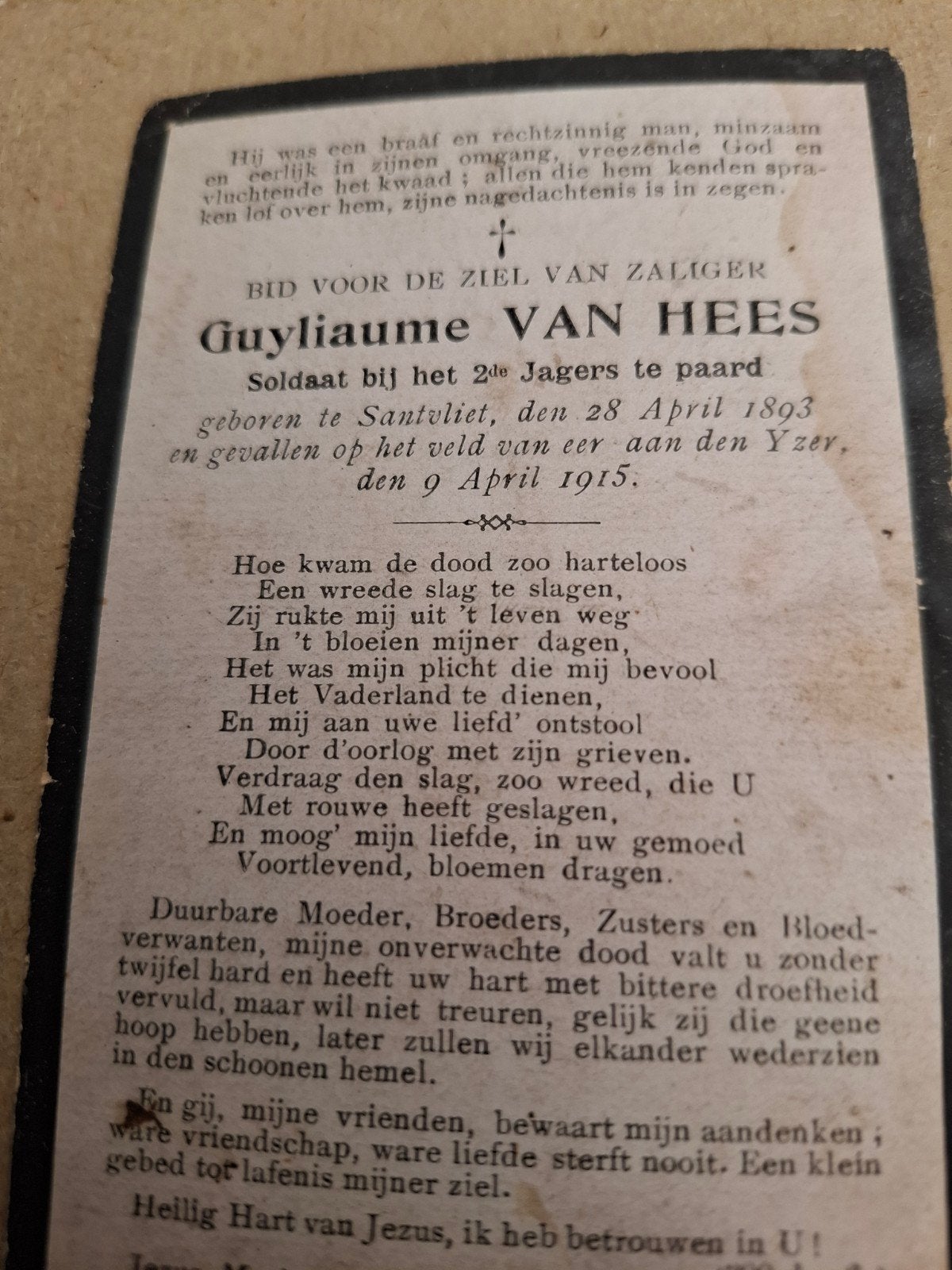 bidprentje gevallen op het veld van eer aan den yzer, Enlèvement ou Envoi, Image pieuse