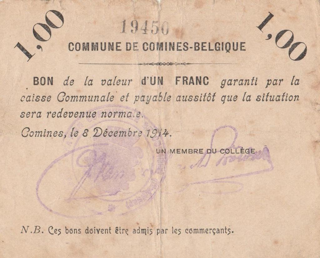 COMMUNE DE COMINES, BELGIQUE, 8.12.1914, 1 FRANC, Enlèvement, France, Billets en vrac