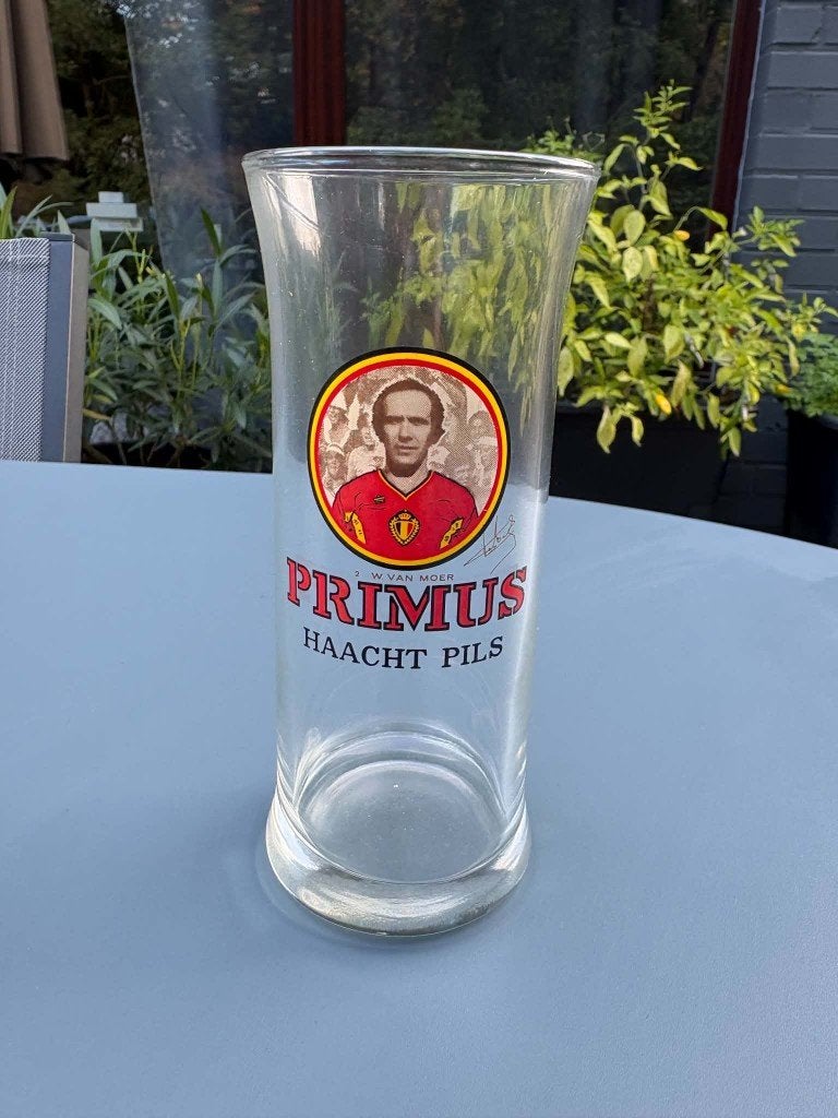 Vintage Primus WK 1982 bierglas Wilfried Van Moer, Verzamelen, Ophalen of Verzenden, Zo goed als nieuw, Glas of Glazen, Overige merken