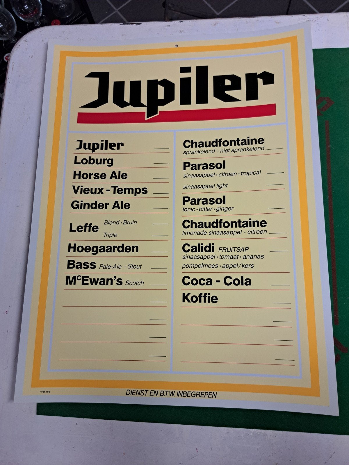 Originele vintage Jupiler café prijslijst, Verzamelen, Ophalen, Jupiler