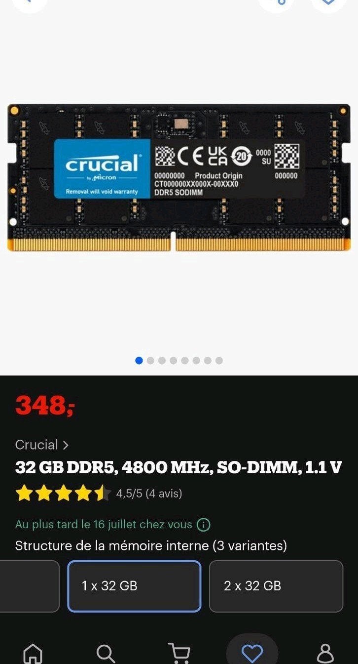 1Ram 32gb ddr5 4800mhz nikel, Informatique & Logiciels, Mémoire RAM, 32 GB, Enlèvement ou Envoi, 4800mhz, Comme neuf