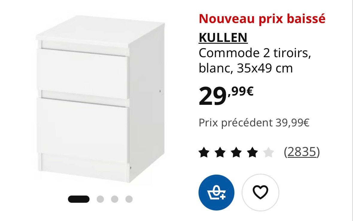 Petite commode / Chevet 2 tiroirs IKEA KULLEN – Blanche, Maison & Meubles, Enlèvement, Comme neuf