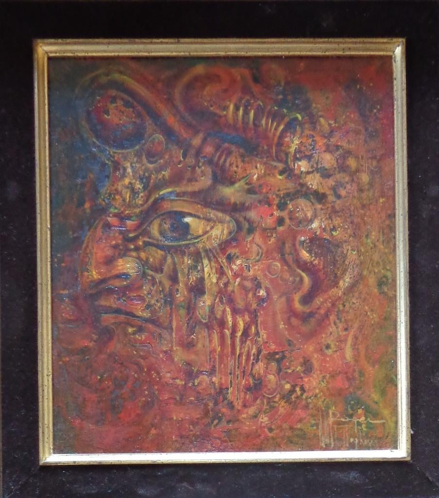 ROGER VAN BELLEGHEM / RODE FIGUUR / OLIEVERF / 33x30cm KADER, Enlèvement ou Envoi, Signé, Peinture à l'huile