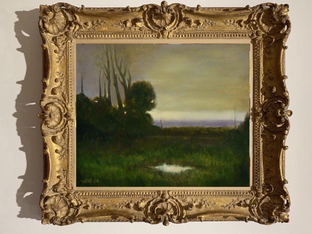 “Rustige avond” Schilderij, Antiek en Kunst, Landschap, Verzenden, Echtheidscertificaat, Olieverf