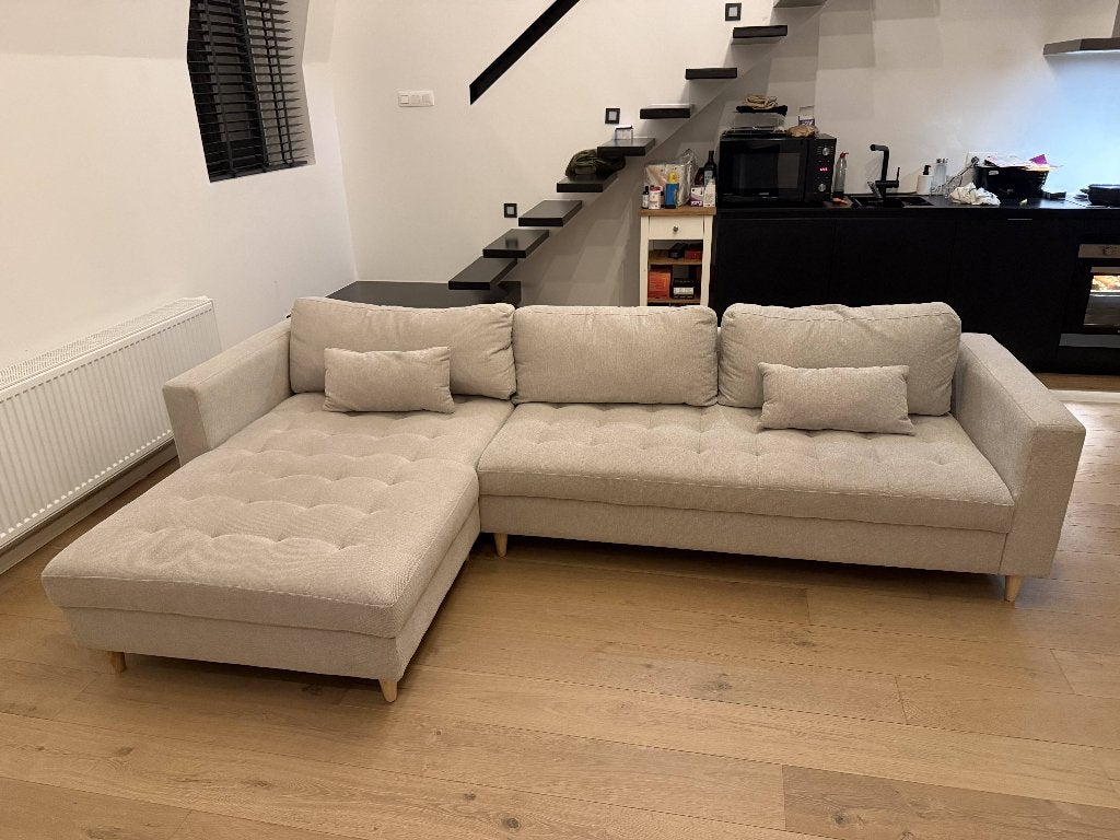 Hoekzetel beige met chaise longue (omkeerbaar!), Trois personnes, 100 à 125 cm, 250 à 300 cm, Banc d'angle
