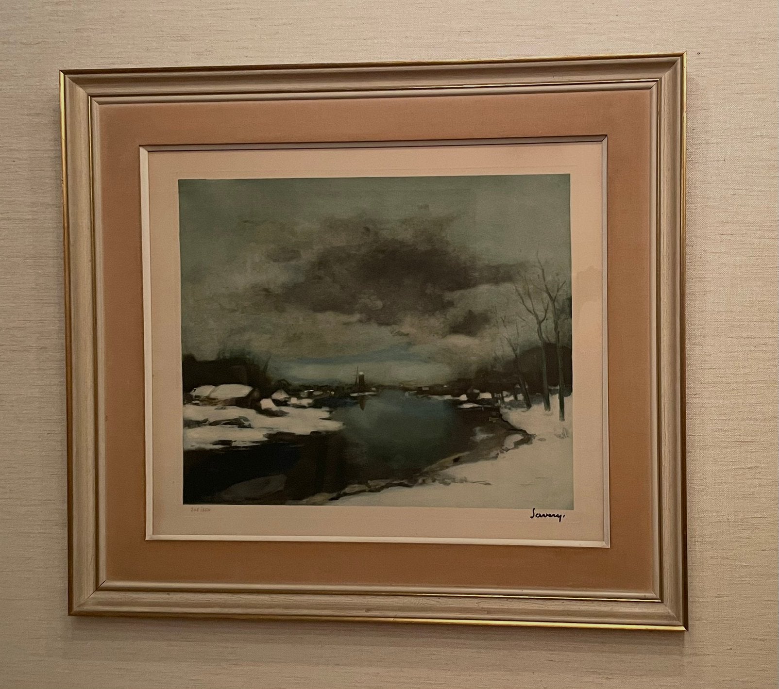Litho Albert Saverys|Leie in de winter|Genummerd & Ingelijst, Antiek en Kunst, Ophalen, Klassiek, Achter glas, Landschap