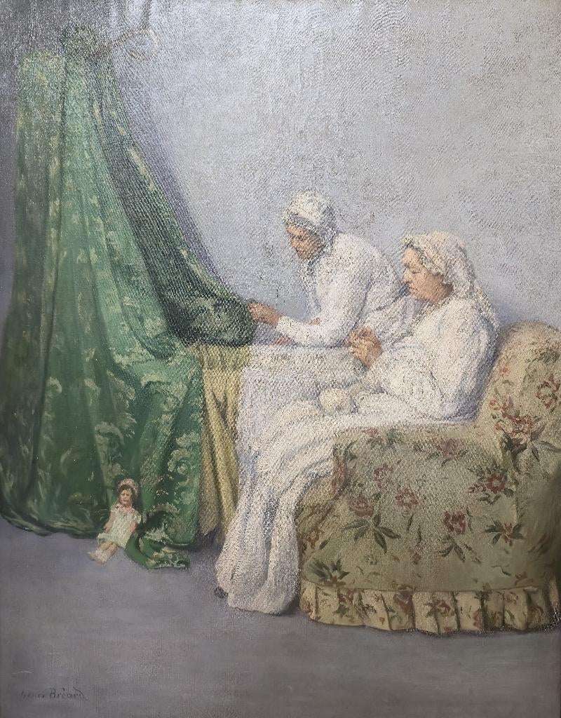 Henri Bréard (1873-c.1939), Scène de couture près du berceau, Enlèvement ou Envoi