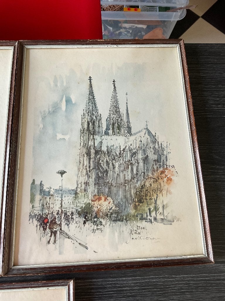 3 x aquarel Jan Korthals kader met glas, Antiek en Kunst, Ophalen of Verzenden, Achter glas, Aquarel, Stads- / dorpsgezicht