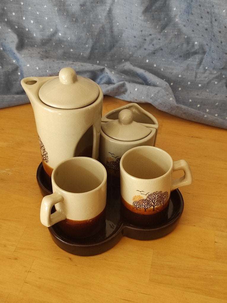 Vintage koffie set met plateau suiker melk bomen bruin, Ophalen, Overige materialen, Gebruikt, Overige merken
