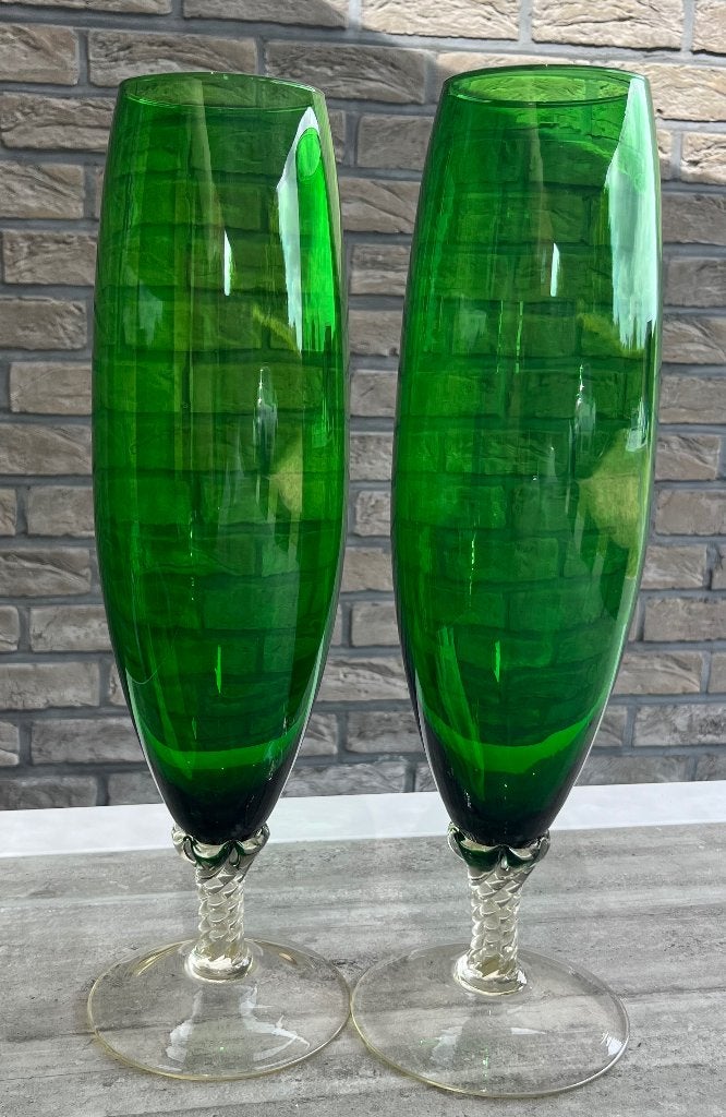Set XL vintage Empoli Italiaanse kelkvazen groen glas 42cm, Enlèvement