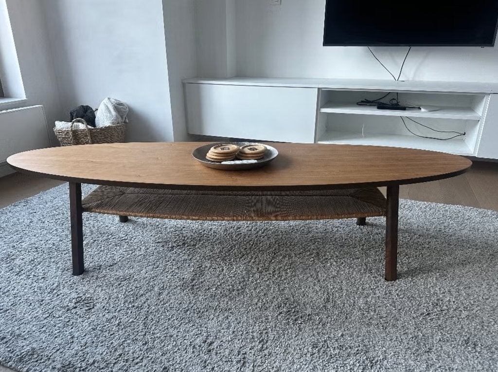 Ovale houten salontafel met rotan onderplank – 180 cm, Maison & Meubles, 150 à 200 cm, Enlèvement, Utilisé, 50 à 100 cm