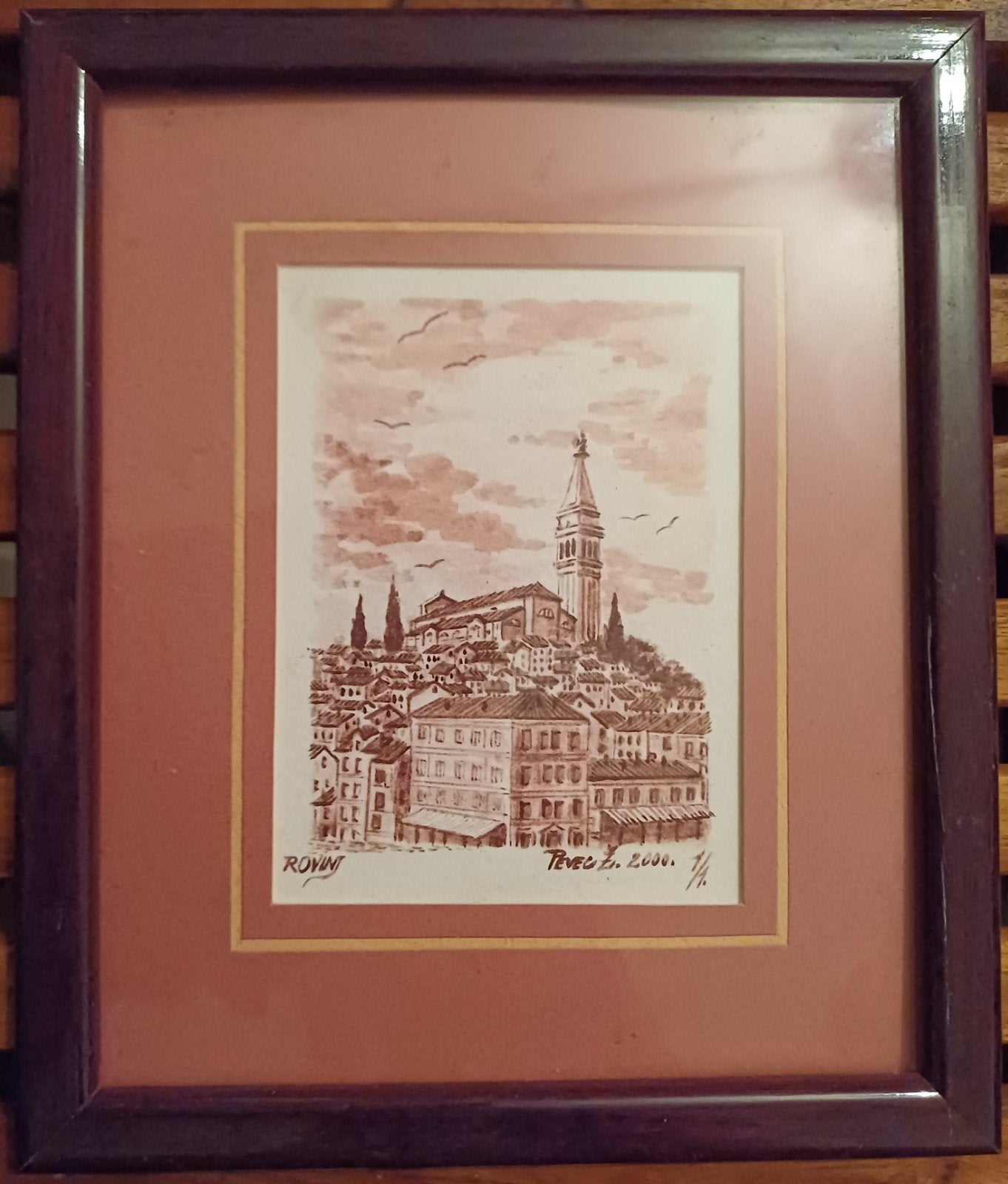 Prachtig Stadsgezicht Rovinj( Kroatië ) -Ingelijste tekening, Antiek en Kunst, Papier/karton, Print, Landschap, Ophalen