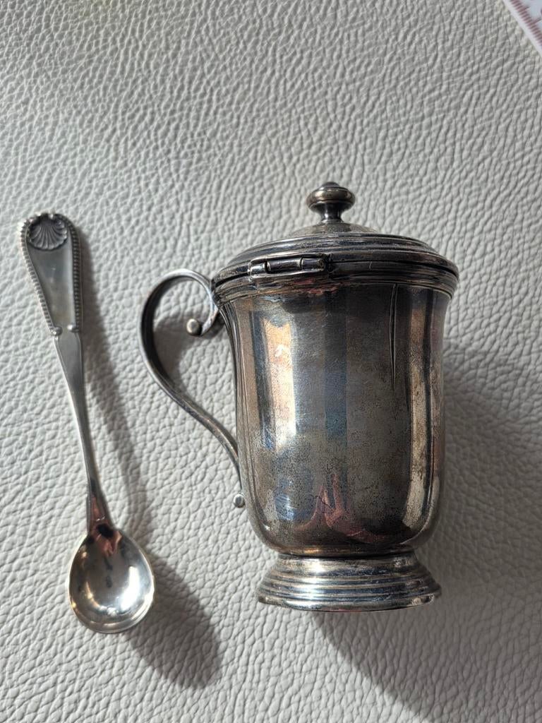 Zilveren mosterdpot met lepel, Ophalen of Verzenden