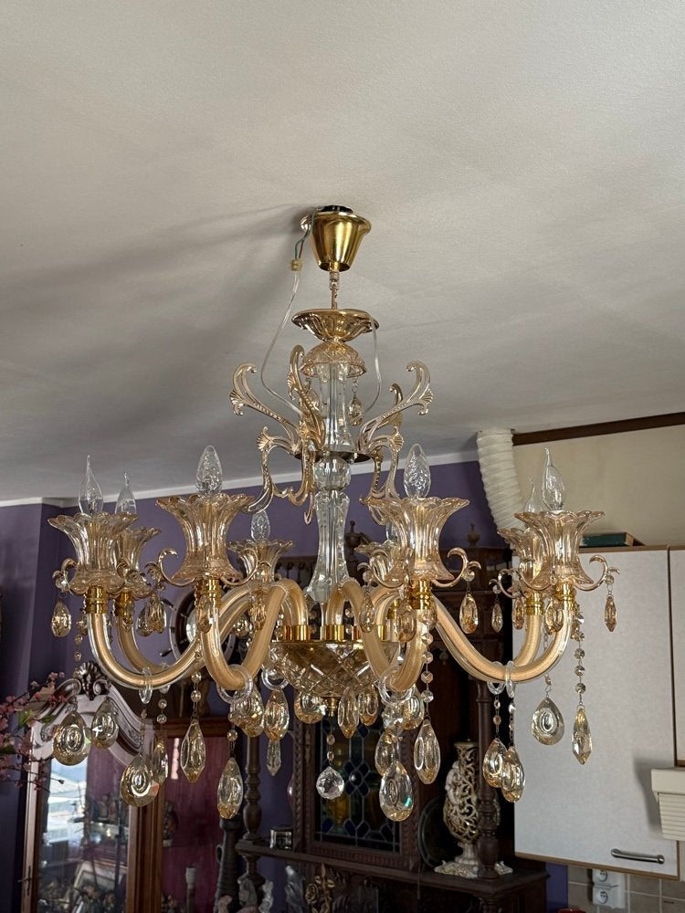 Grote Luxe Murano Stijl Glazen Kronluchter - Amber, Antiek en Kunst, Ophalen