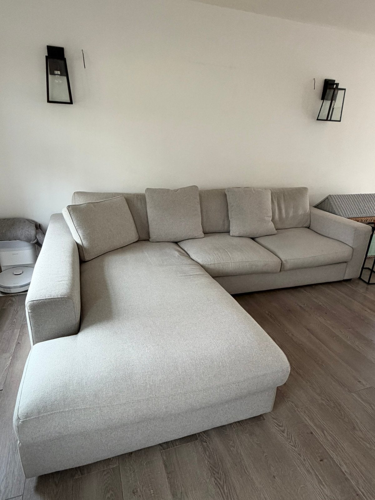 Moderne grijze hoekzetel met ruime chaise longue, Ophalen, Gebruikt, Stof, Modern