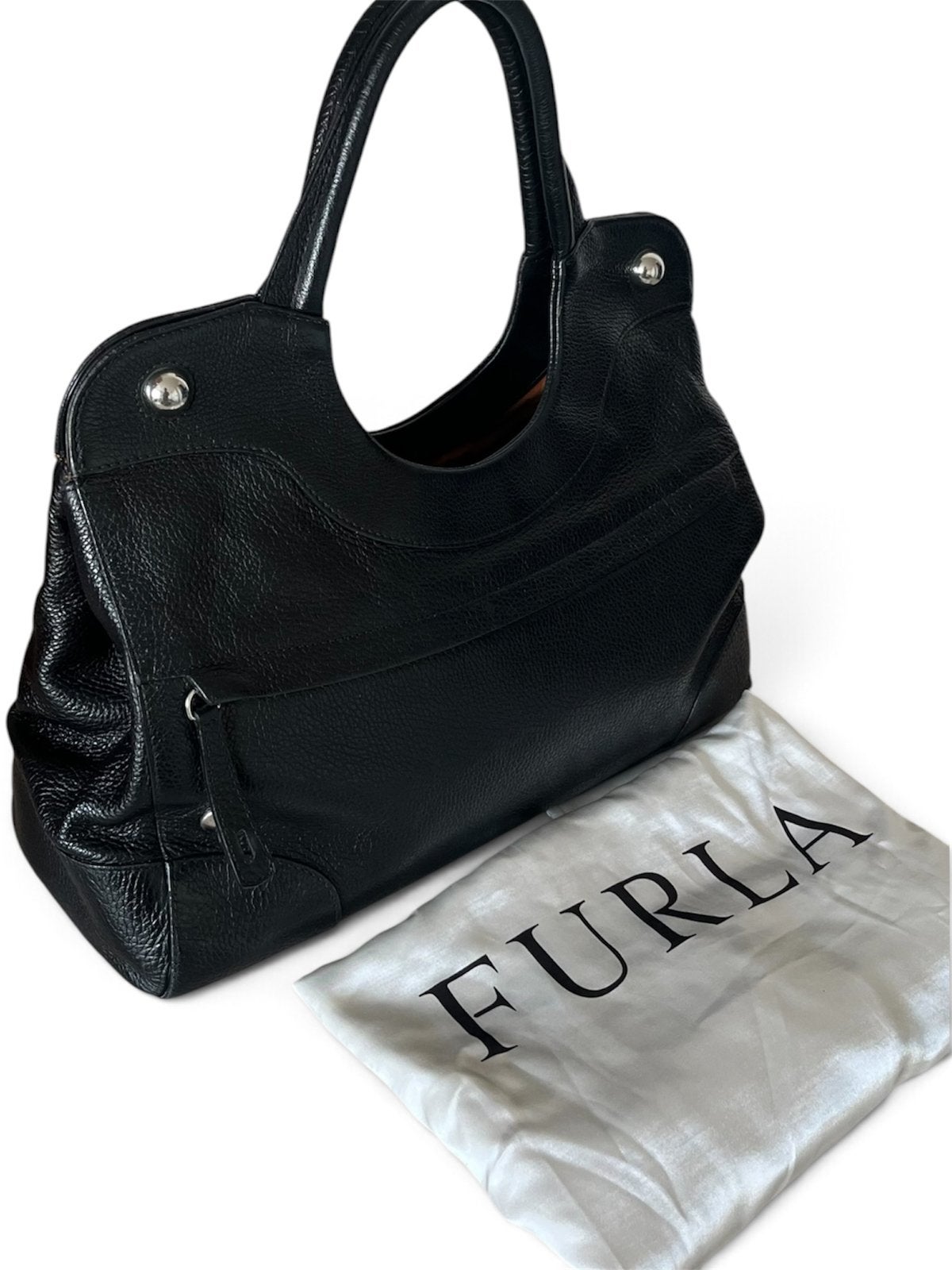 Sac Furla noir en cuir avec dustbag, Envoi, Comme neuf, Noir, Sac à main