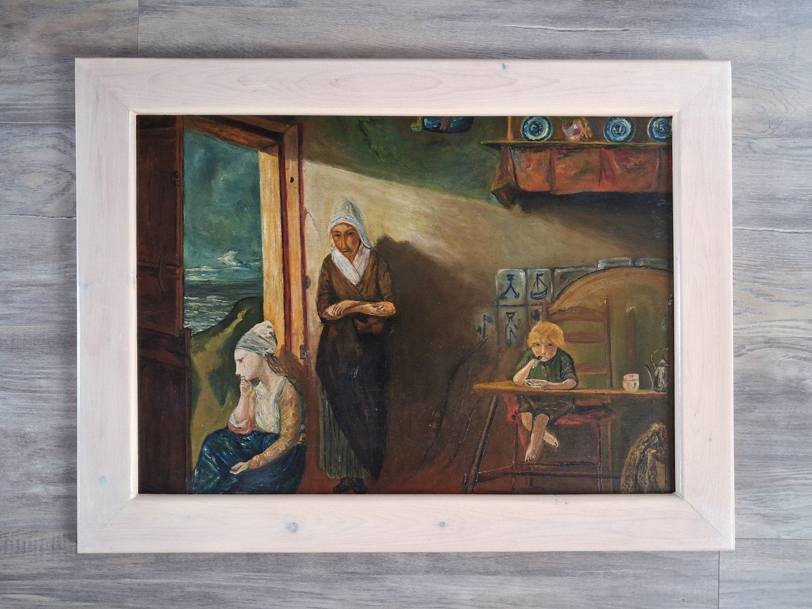 Peinture # Famille zélandaise dans une vieille maison au bor, Antiquités & Art, Enlèvement, Signé, Peinture à l'huile, Panneau