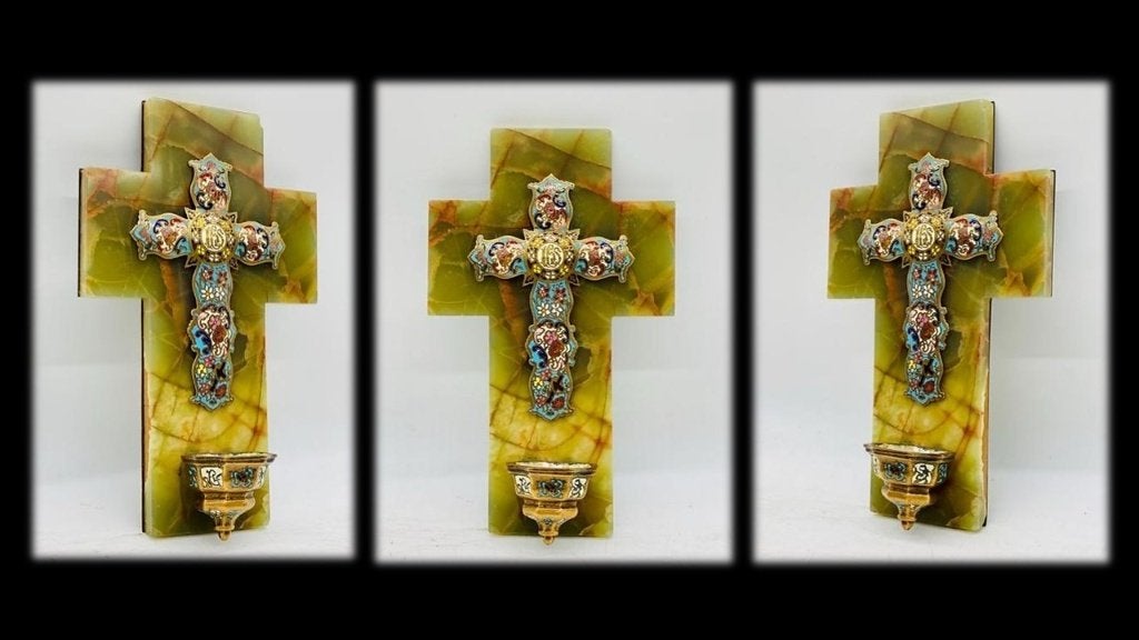 Cloisonné stoup-geëmailleerd kruis-Frankrijk(+/-1850-1870), Antiek en Kunst, Ophalen