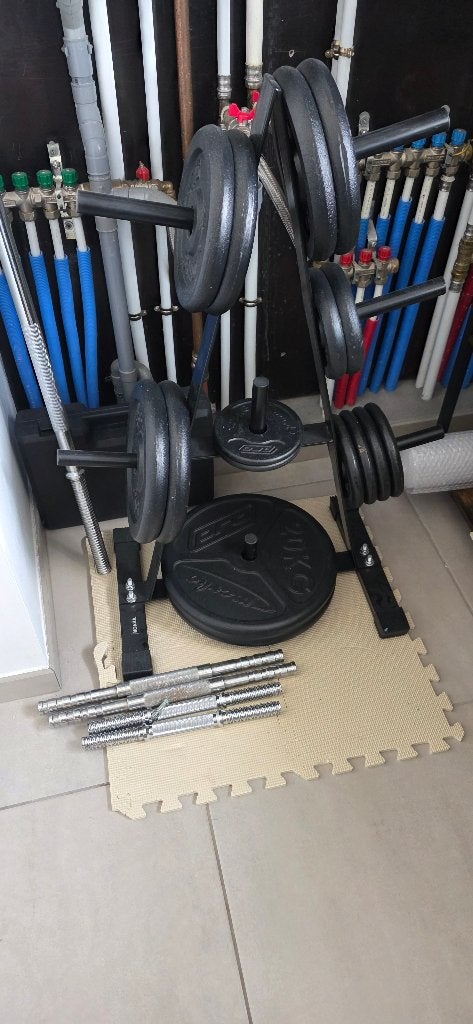 Kit d'haltères complet avec haltères et support - +/- 100 kg, Enlèvement, Comme neuf, Bras, Set d’haltères