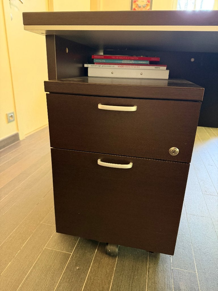 Bloc tiroirs à roulettes, Avec roues, Comme neuf, Brun, Bureau-armoire combiné