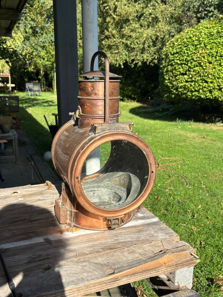 Antieke treinlocomotief olie lamp, Antiek en Kunst, Ophalen, Koper
