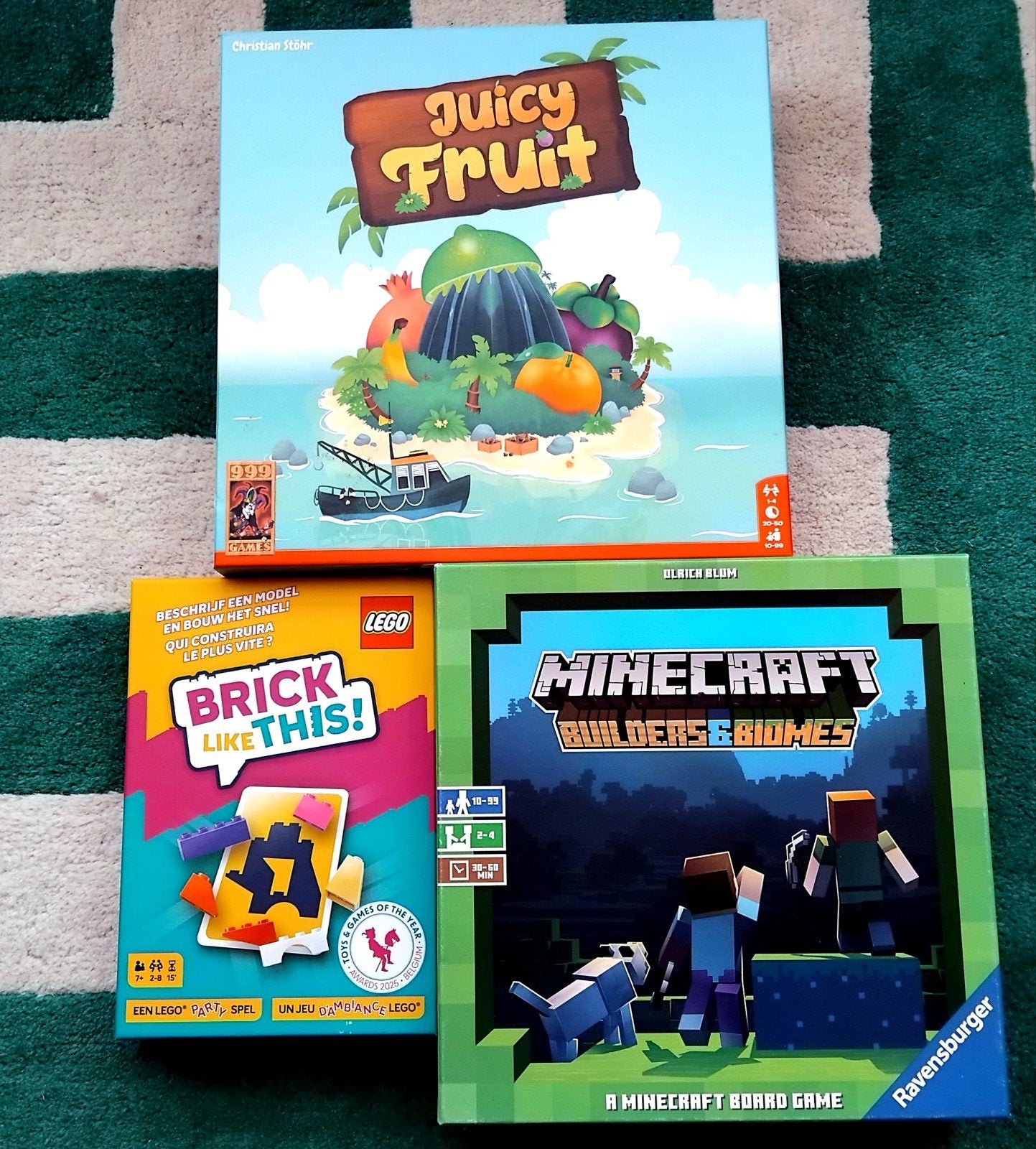 3 bordspellen – Juicy Fruit, Minecraft & LEGO, Drie of vier spelers, Ophalen, Nieuw