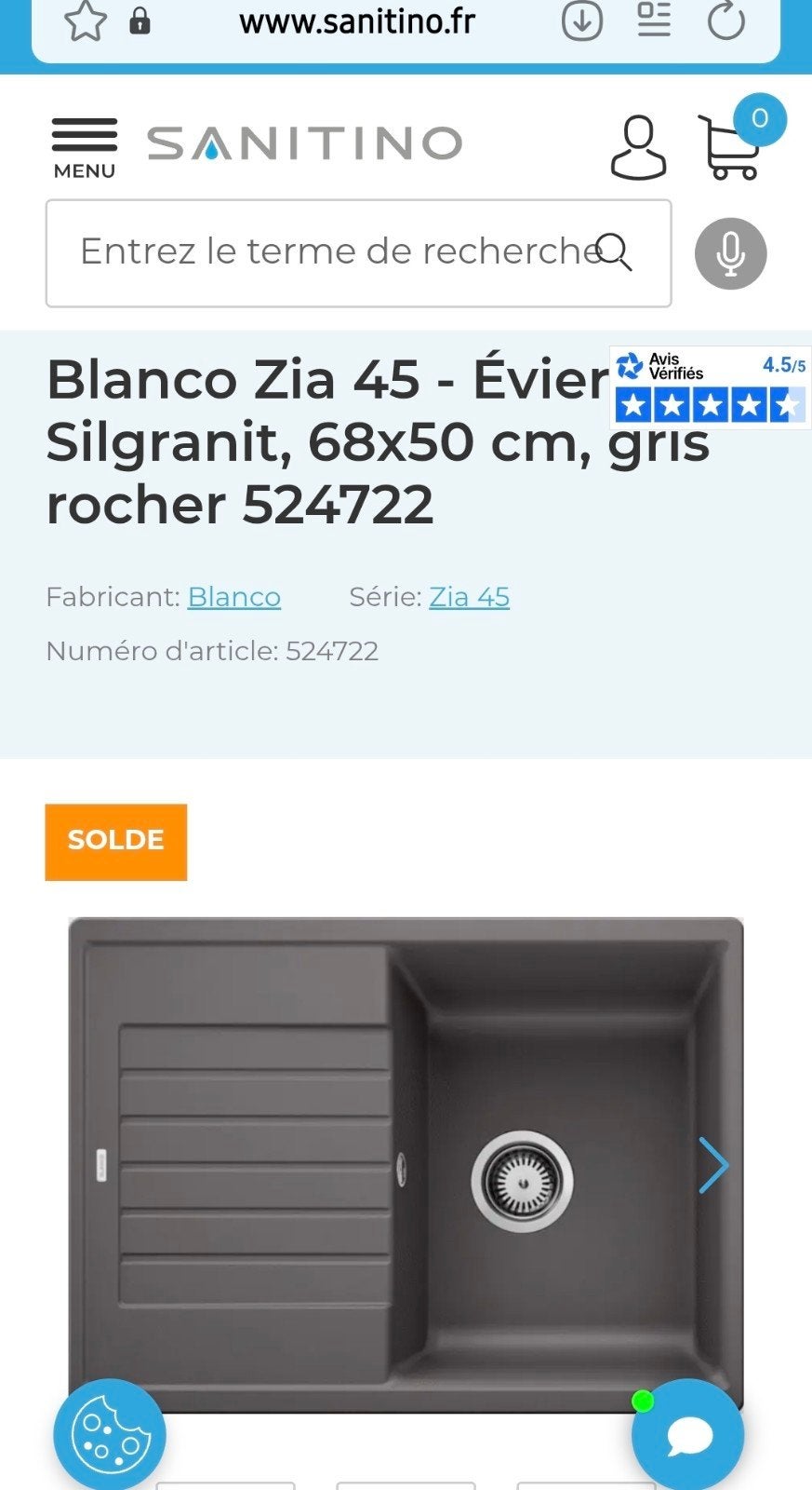 Evier Blanco Silgranit 68cm couleur gris foncé NEUF, Enlèvement, Neuf