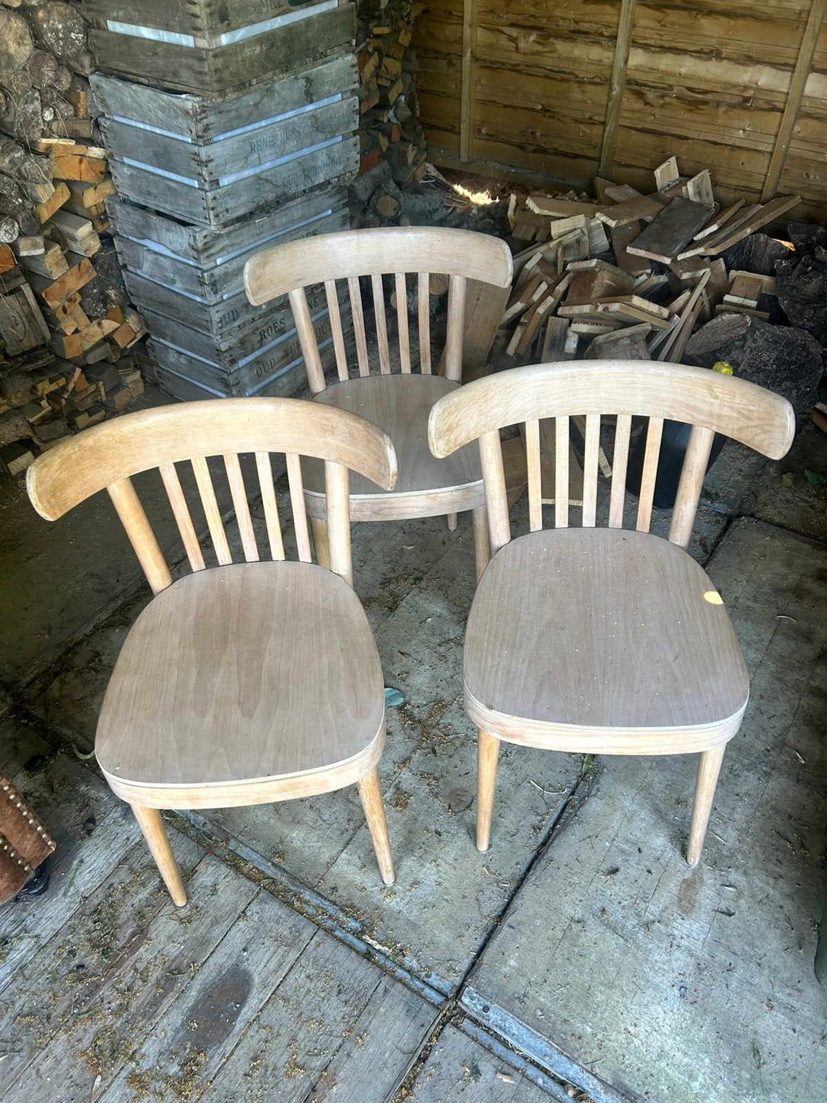 Set van 3 Opgeknapte Massief Houten Eetkamerstoelen, Huis en Inrichting, Stoelen, Ophalen, Zo goed als nieuw