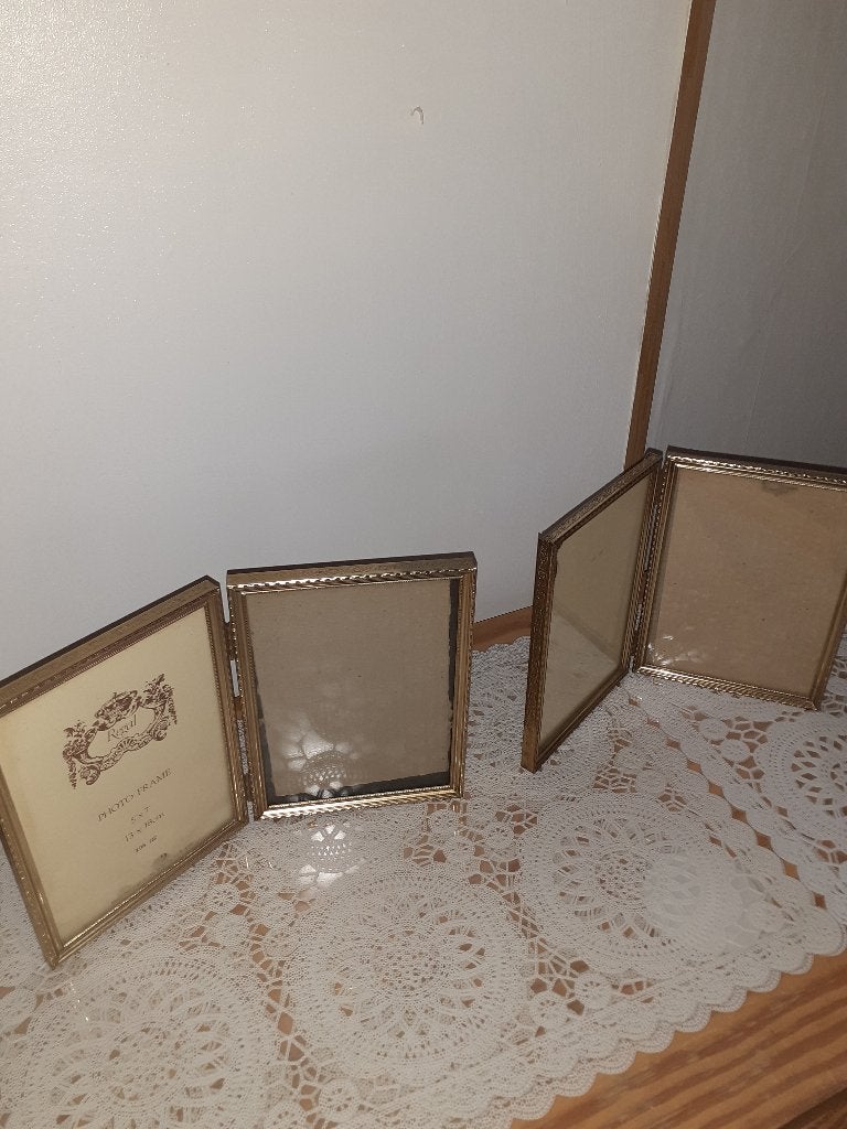 Cadres photos bords dorés doubles (lot de 2) vintage, Enlèvement, Utilisé, Avec verre, Doré