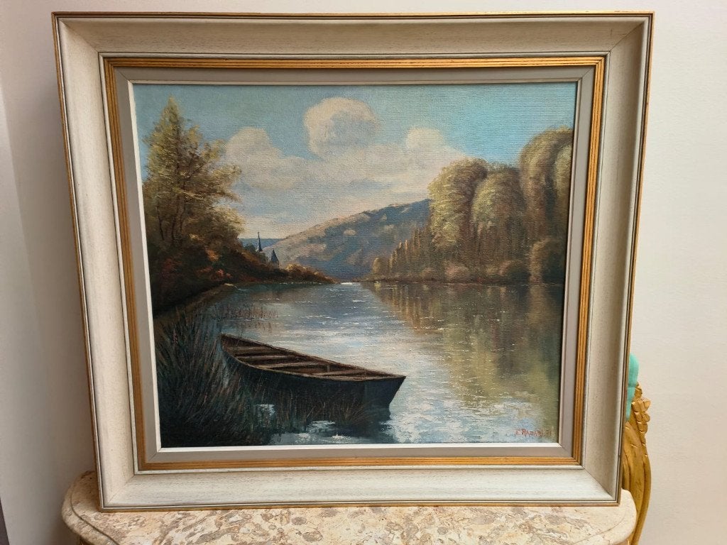 Schilderij "Meuse" op plaat uit 1971 (weg door plaatsgebrek), Antiek en Kunst, Kunst | Schilderijen | Klassiek, Ophalen, Paneel
