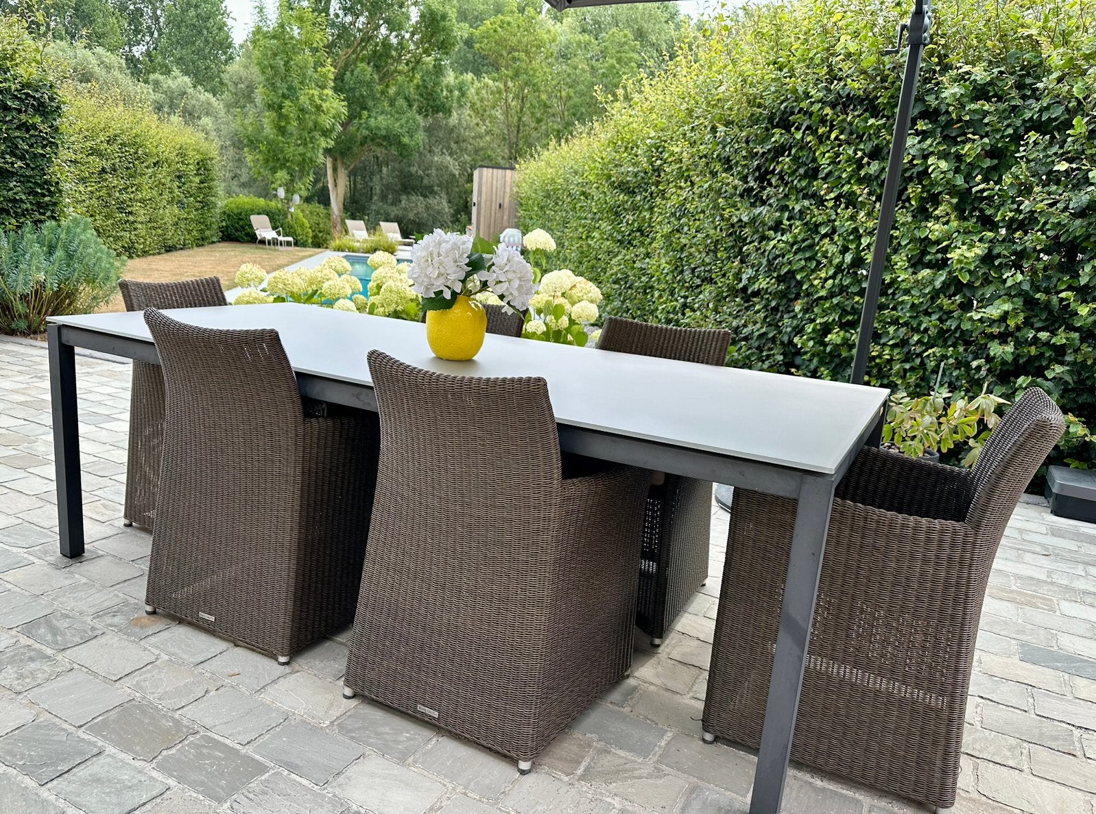 Alu tuintafel + stoelen wicker grey, Ophalen, Gebruikt, Meer dan 8 zitplaatsen, Wicker