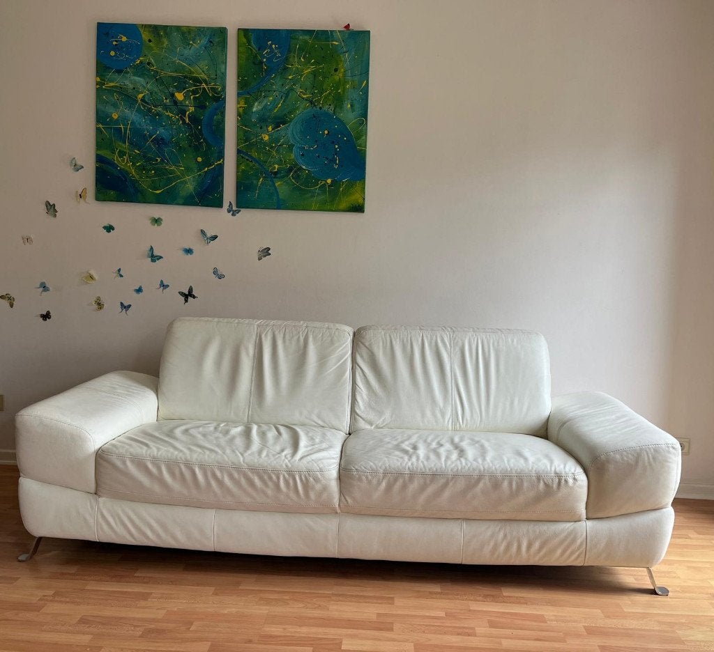 Canapé 3 places en cuir blanc, Maison & Meubles, 200 à 250 cm, Banc droit, Enlèvement, Utilisé