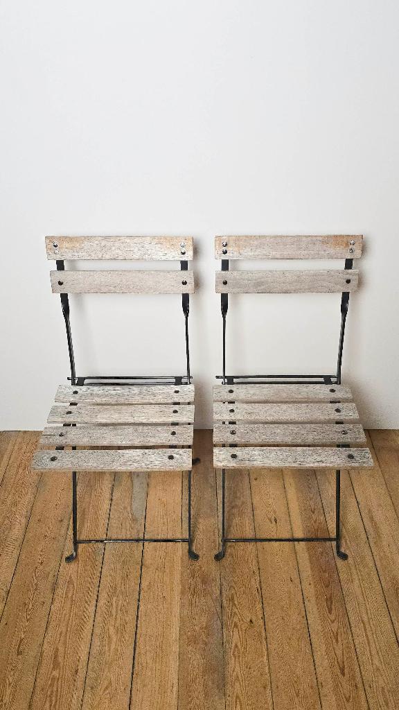 Paire de chaises métalliques de bistrot anciennes pliables, Enlèvement ou Envoi, Comme neuf, Bois, Deux