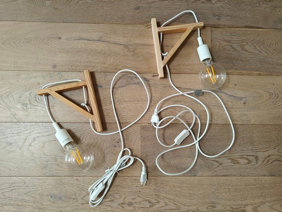 Set van 2 houten wandlampen, Ophalen, Bedlamp, E27 (groot), Zo goed als nieuw