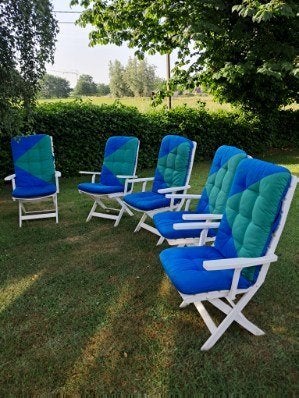 tuinstoelen 5 stuks met kussens belgische makelij 5 stuks, Ophalen, Gebruikt, Kunststof, Verstelbaar