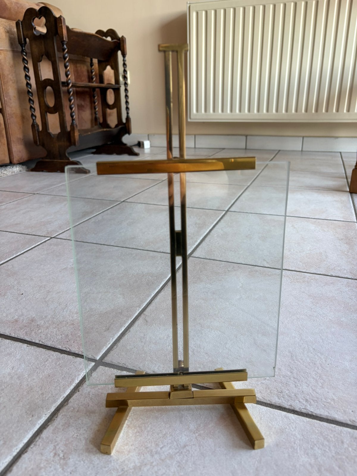 Vintage goudkleurige fotolijst op standaard – glas, Enlèvement, Utilisé, Verre