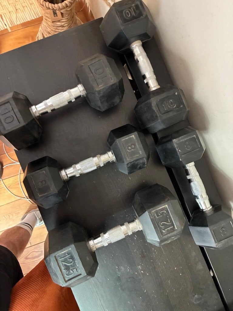 Rubber Hex Dumbbells Set – 48,5 kg (2x8kg, 2x10kg, 1x12,5kg), Ophalen, Gebruikt, Benen, Dumbbell