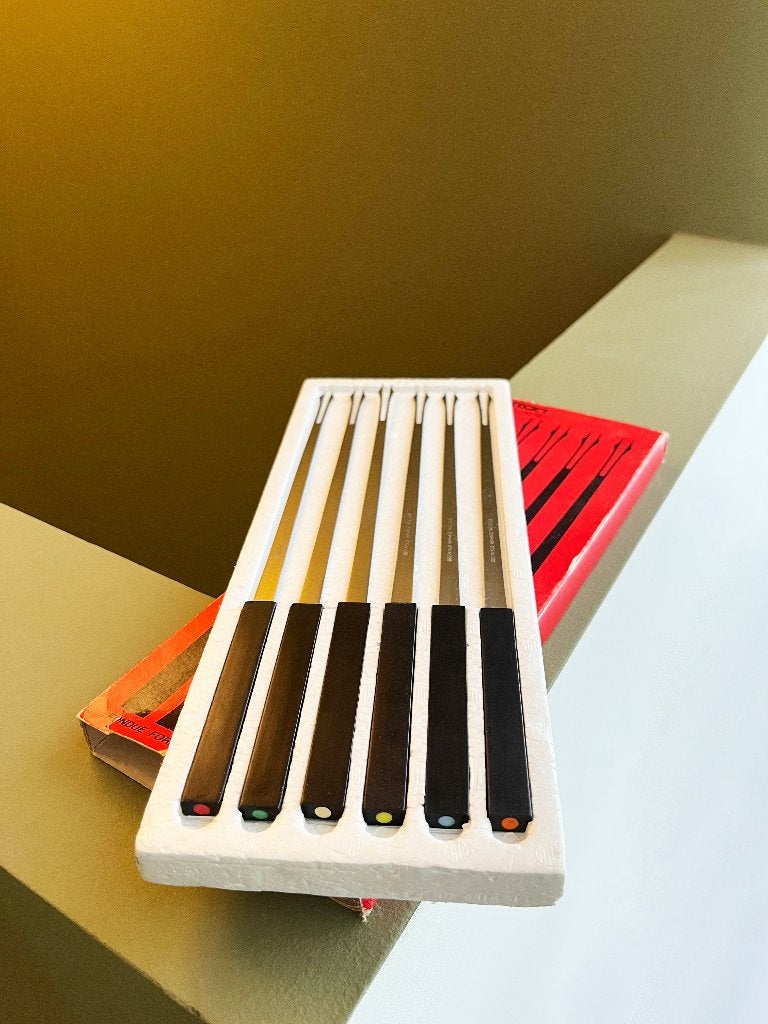 Stelton Denmark fonduevorkjes, jaren '70, Cylinda collectie, Gebruikt, Bestekset, Overige typen, Ophalen of Verzenden