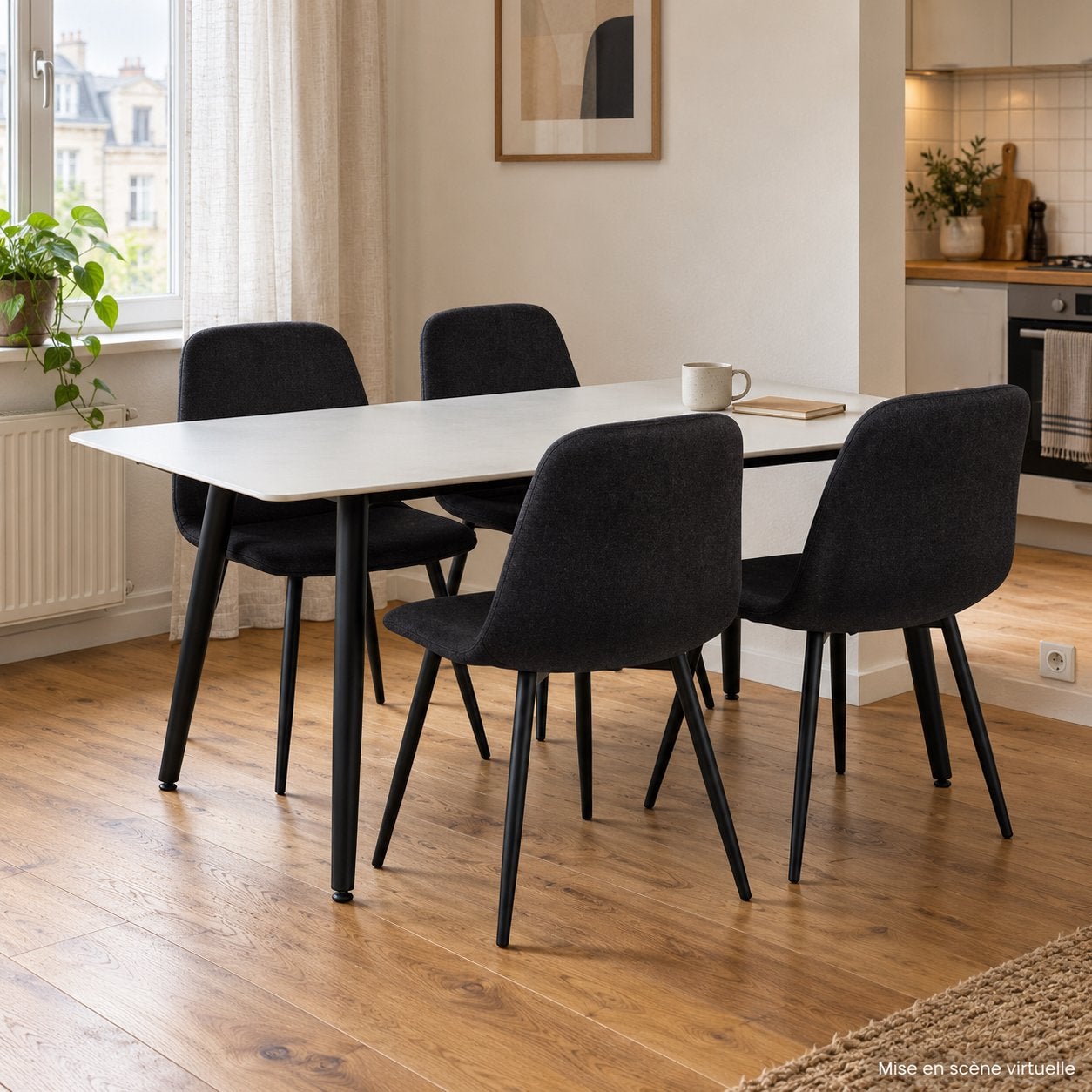 Table céramique 140 x 80 cm + 4 chaises noires - NEUF, Ophalen, Zo goed als nieuw